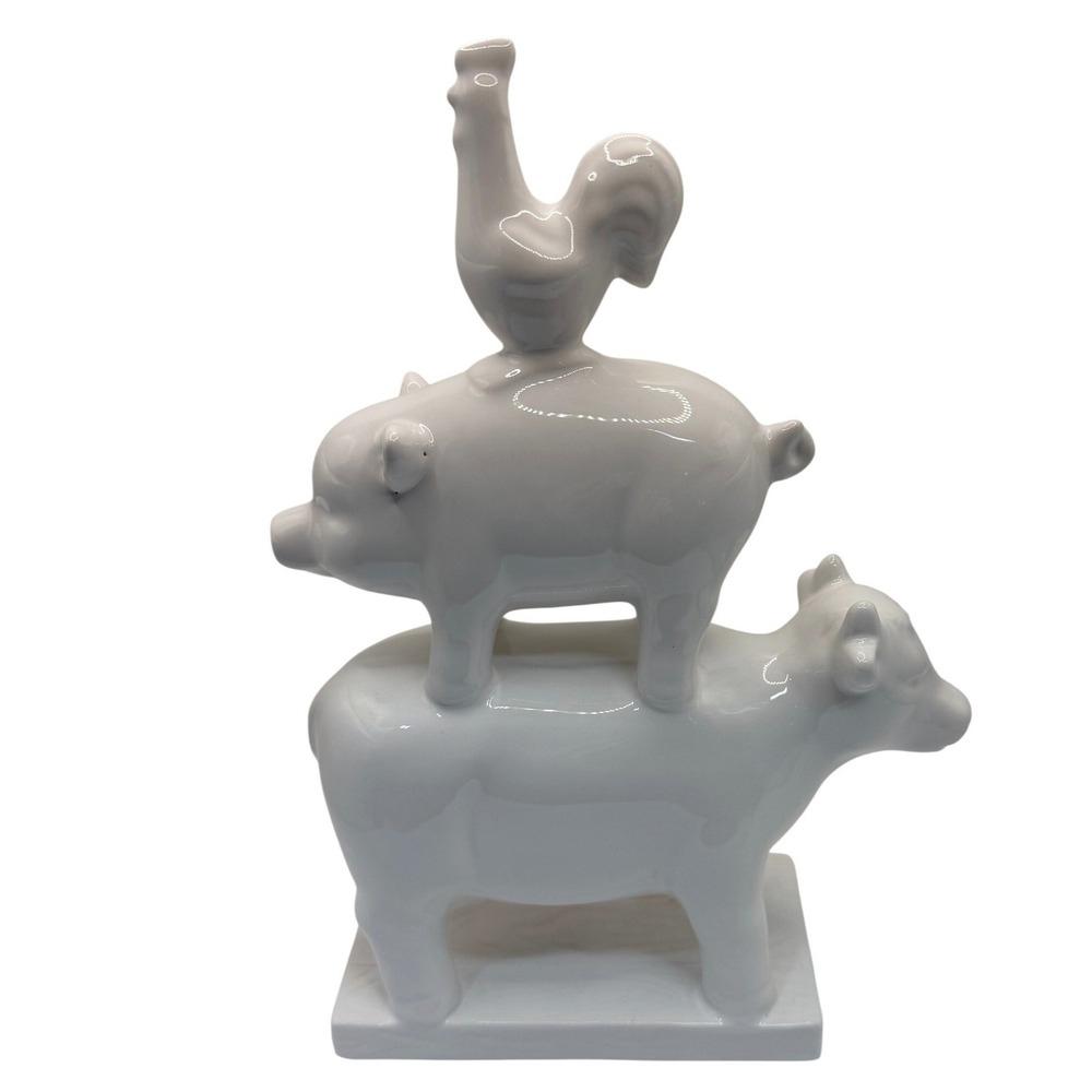 Home Essentials White Glazed Ceramic Stacked Farm Animals Statue Rooster Pig Cow